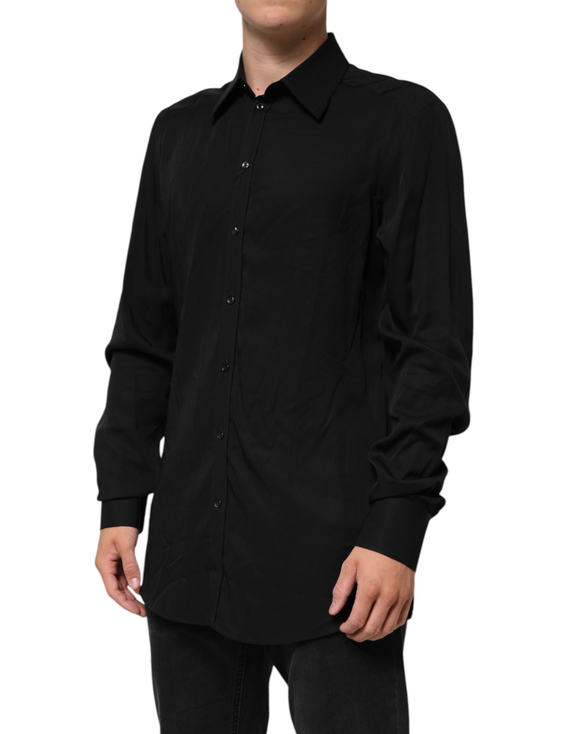 A black long sleeve formal dress shirt made of viscose fabric