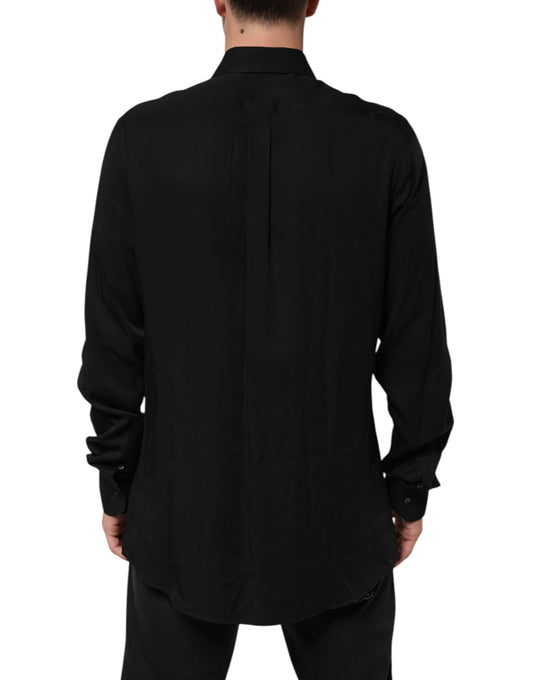 A black long sleeve formal dress shirt made of viscose fabric
