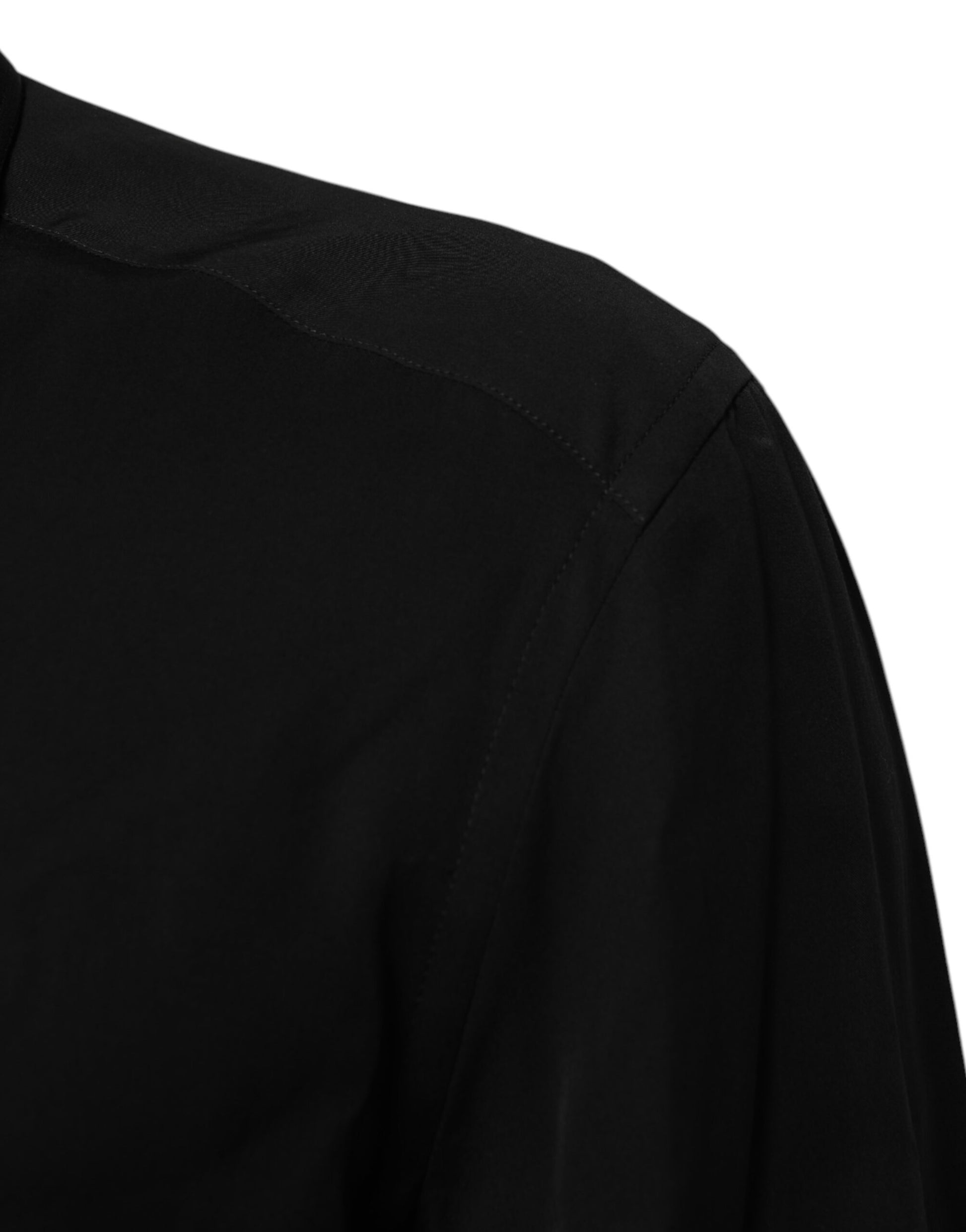 A black long sleeve formal dress shirt made of viscose fabric