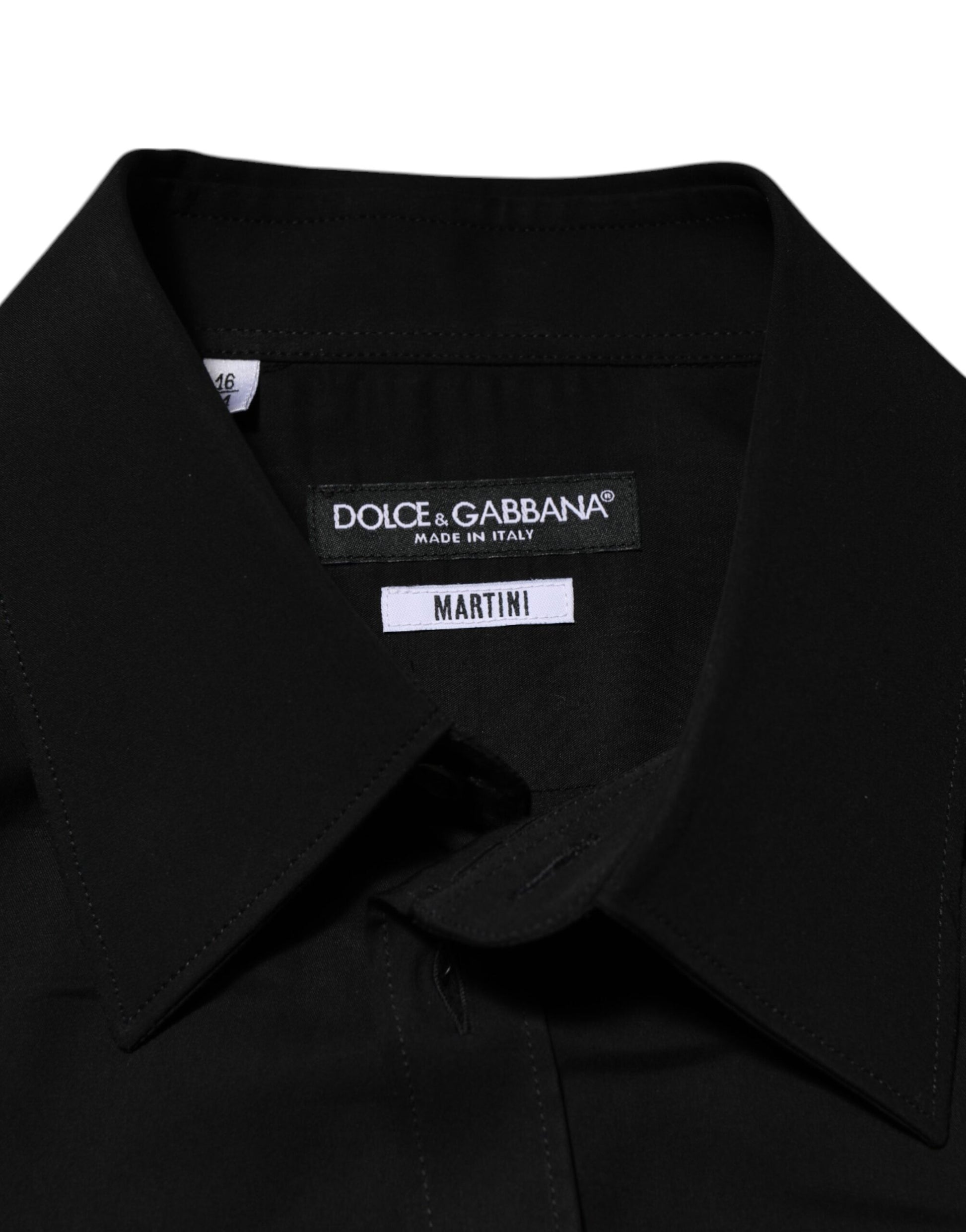 A black viscose long sleeve dress shirt with a label that reads "Dolce & Gabbana Martin"