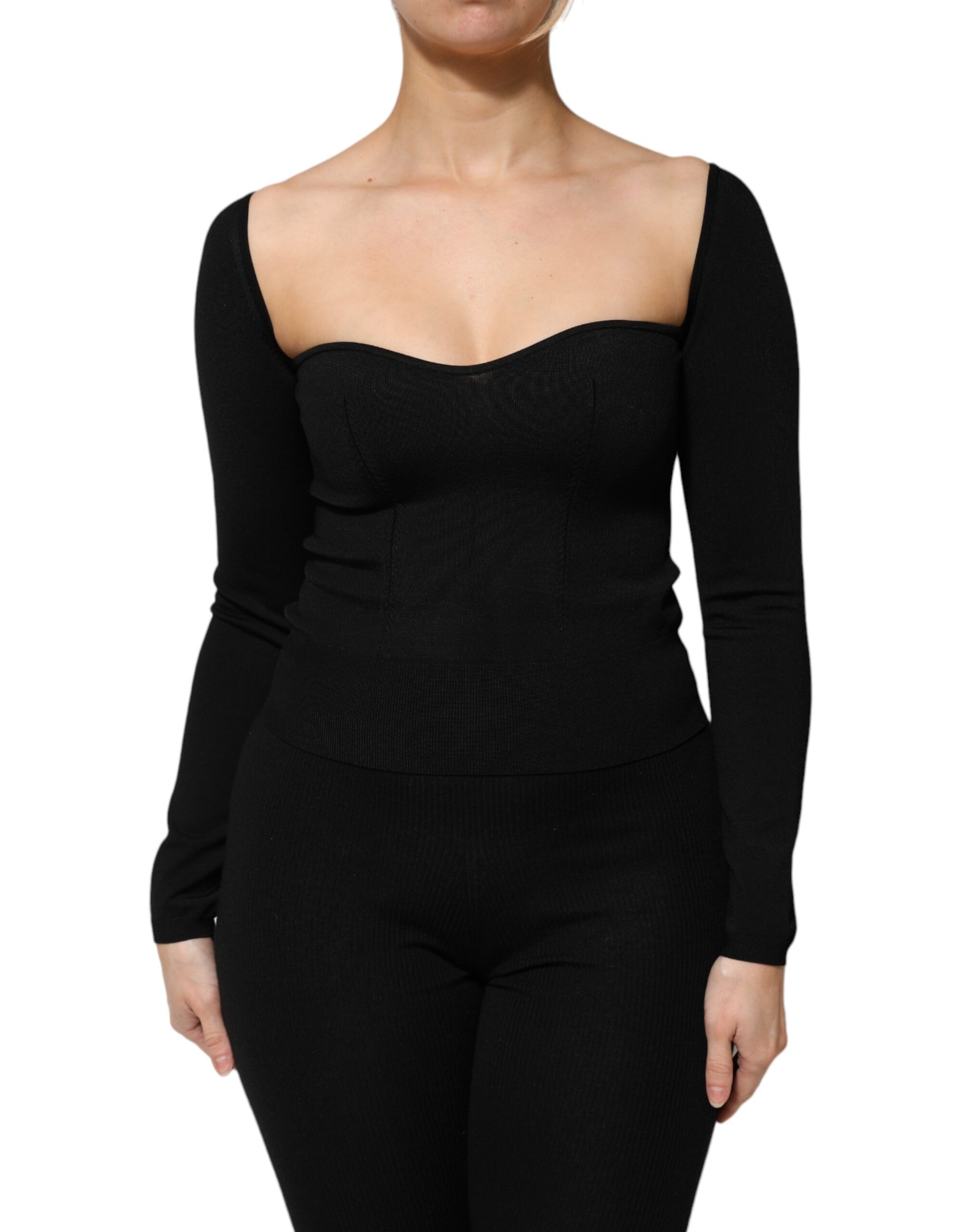 Black long sleeve top with deep neckline