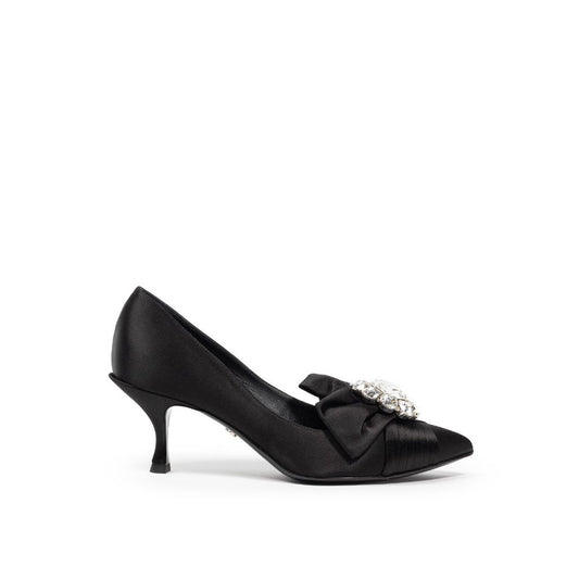 Black high heel shoe with bow detail on toe
