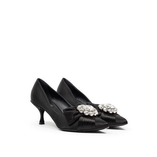 Black high heel shoes with rhinestone embellishments on toe