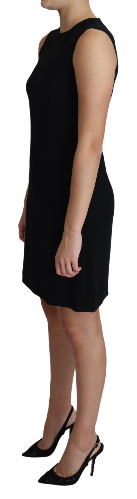 A black viscose stretch A-line shift mini dress with short sleeves