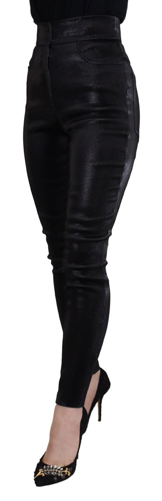 Black leather pants with high waist and zipper details
