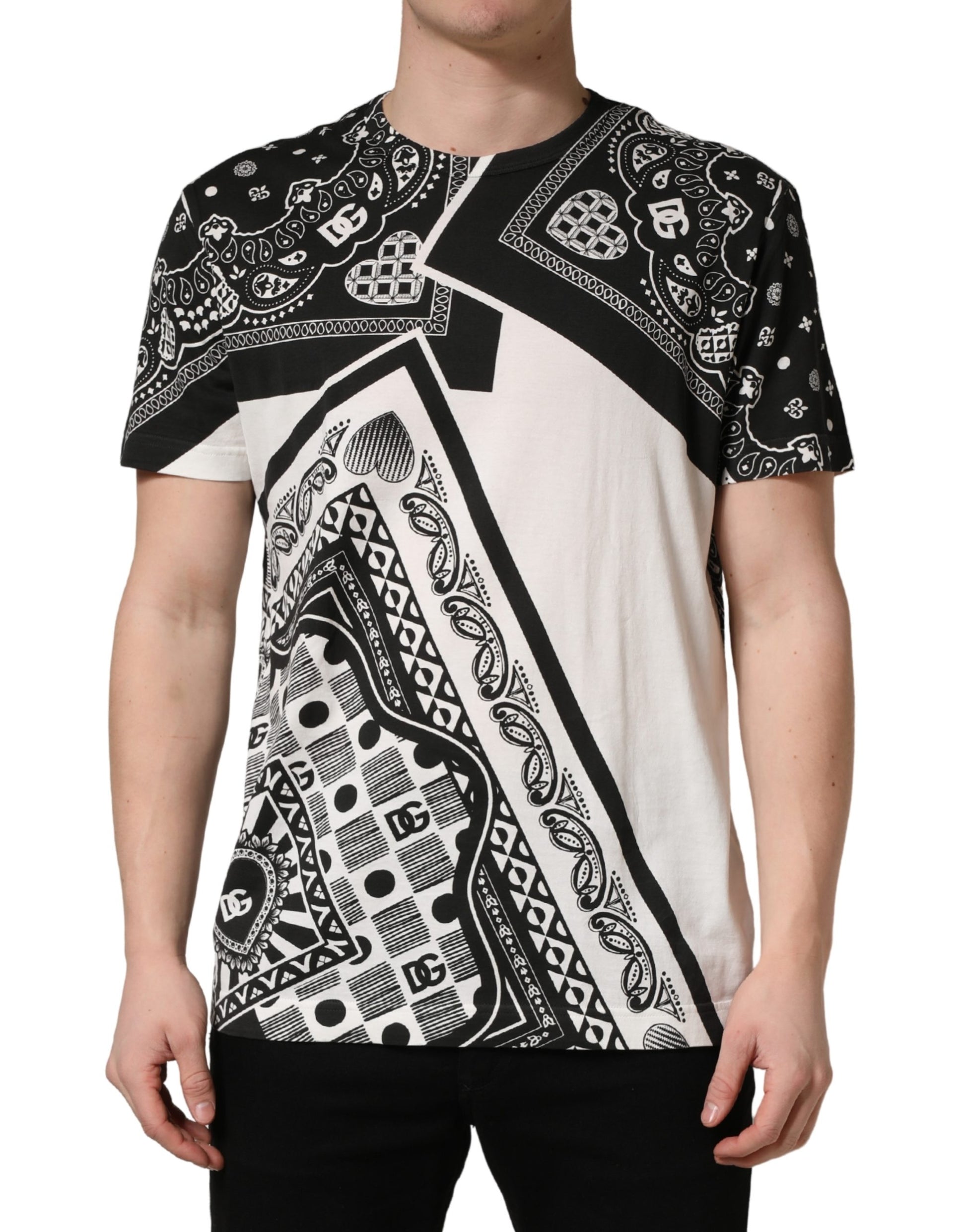 Black and white graphic t-shirt with bandana design