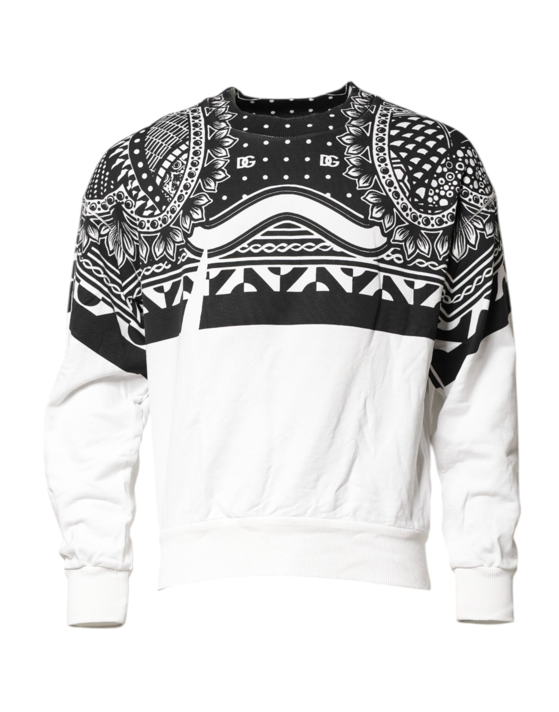 Black and white sweater with geometric pattern on front