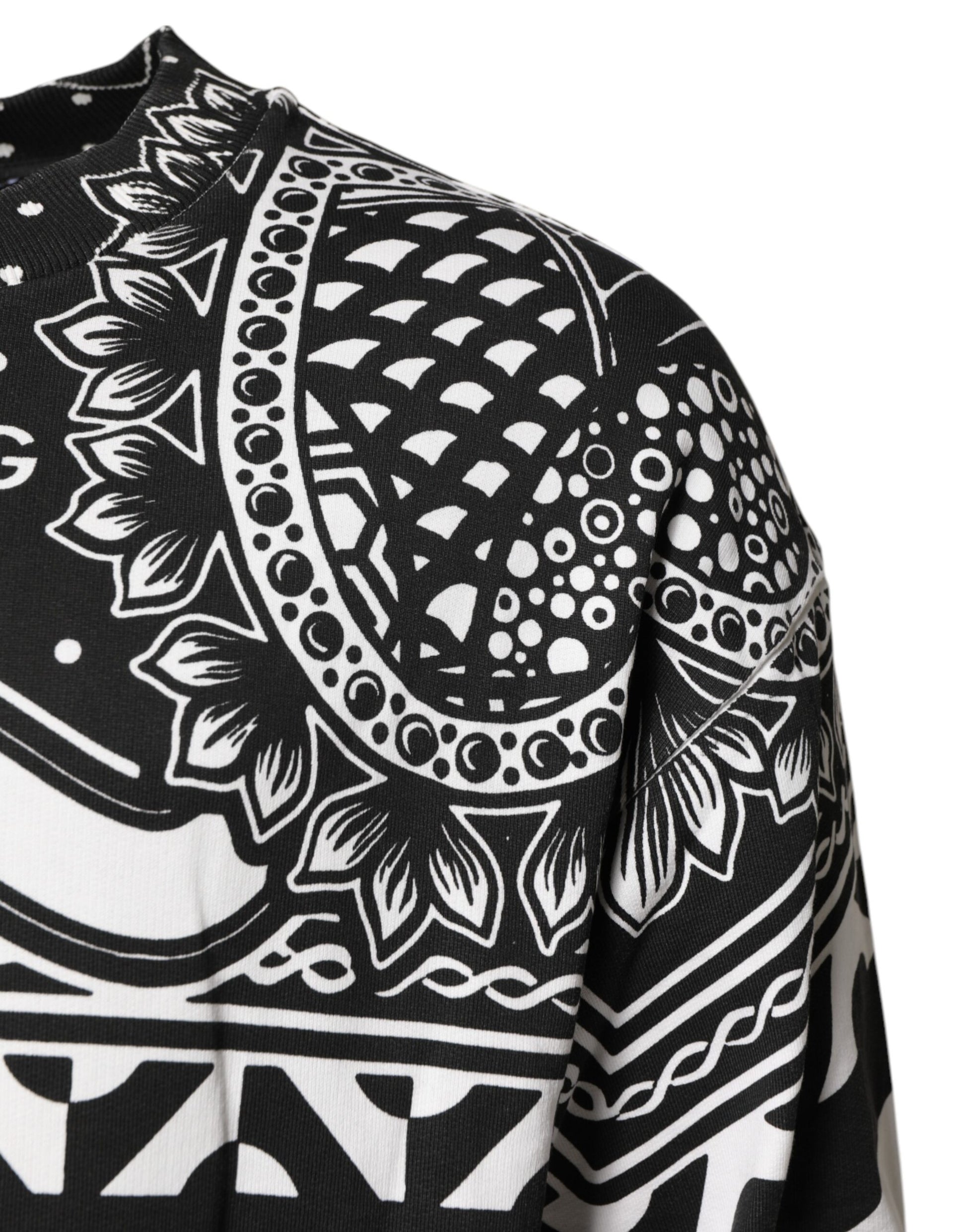Black and white patterned sweater with intricate design on back