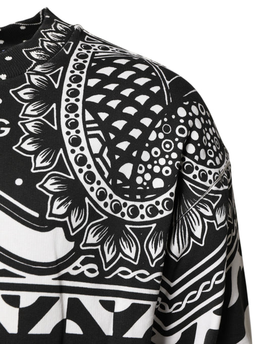 Black and white patterned sweater with intricate design on back