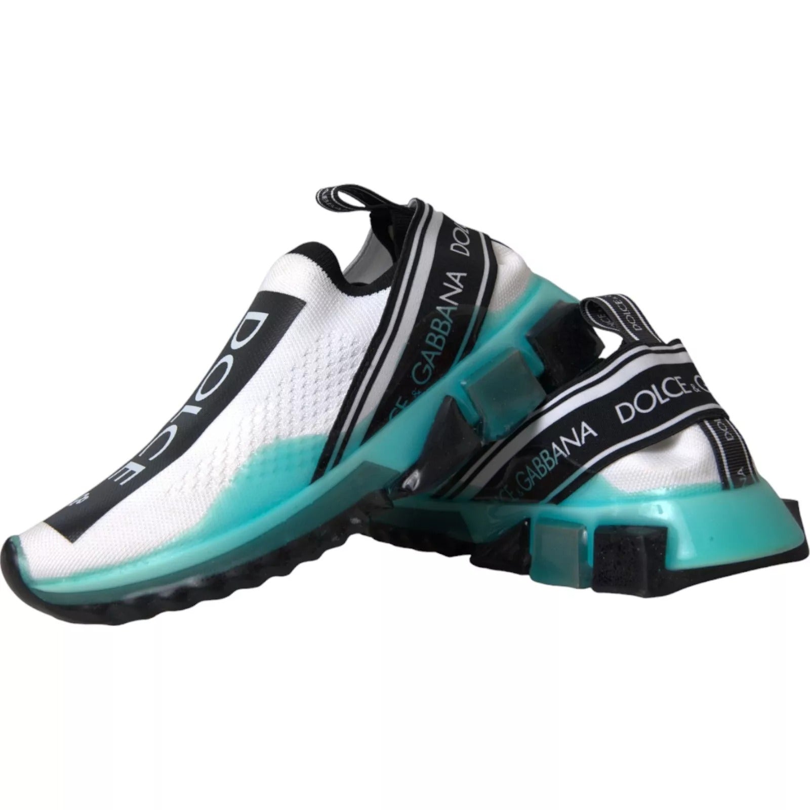 White sneaker with blue accents and a black strap
