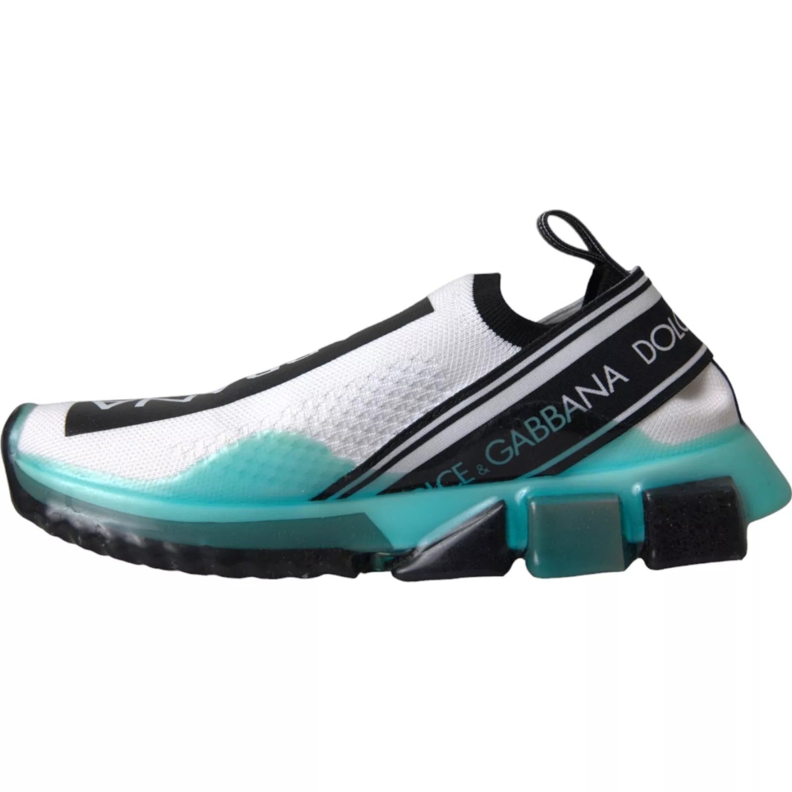 White sneaker with blue accents and a black logo on the side