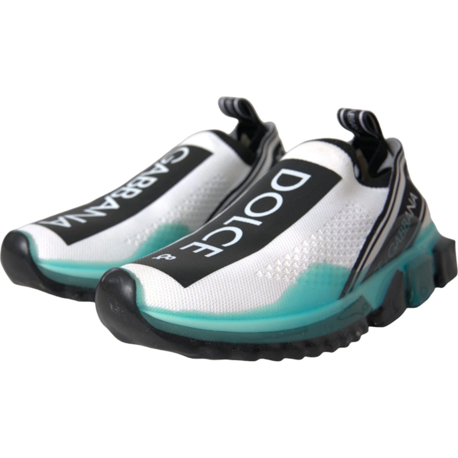 Pair of white and blue sneakers with black laces