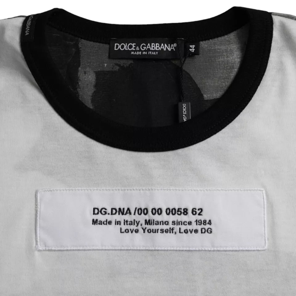 White t-shirt with black collar and sleeves
