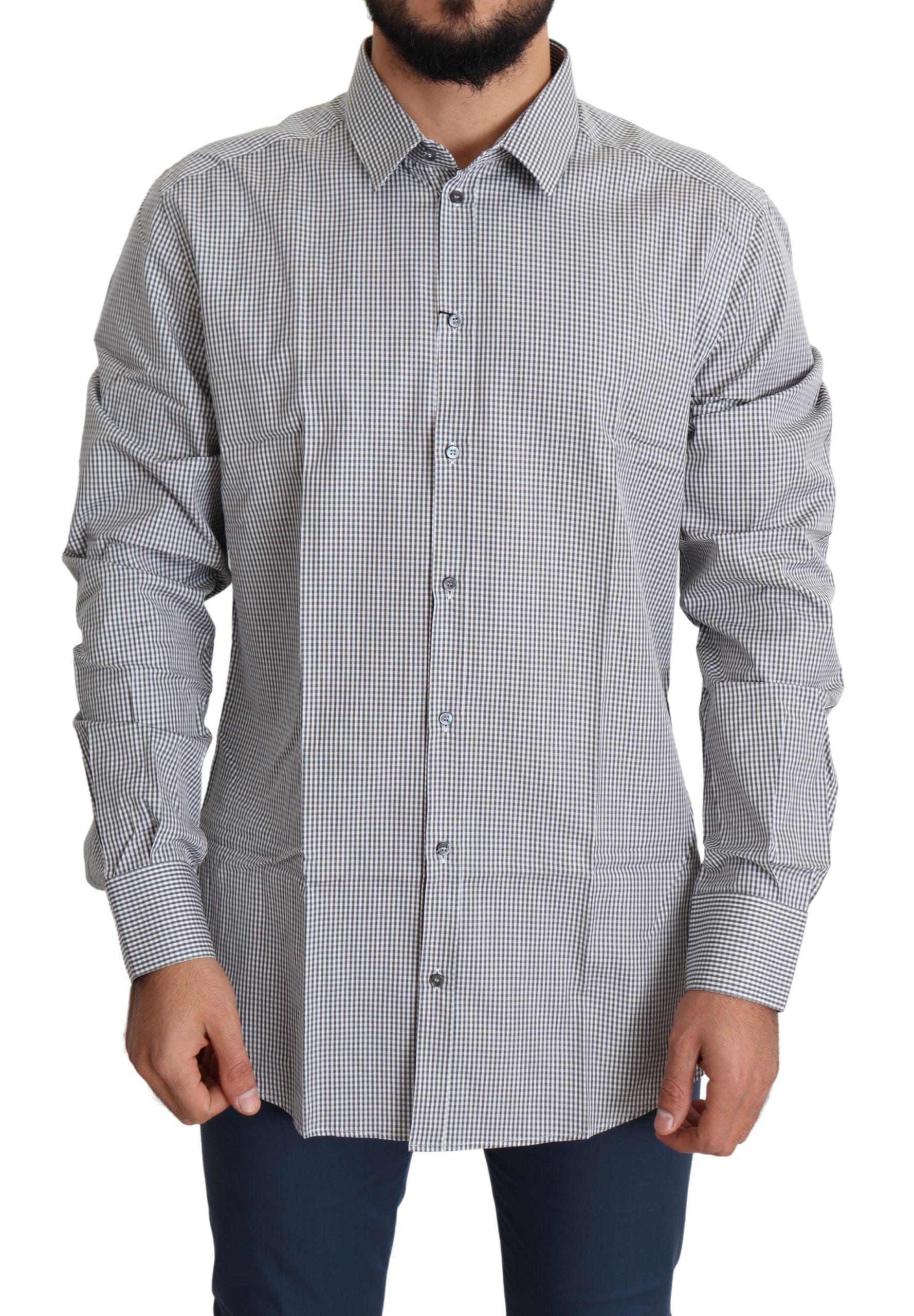 Long sleeve button down shirt in gray and white checkered pattern