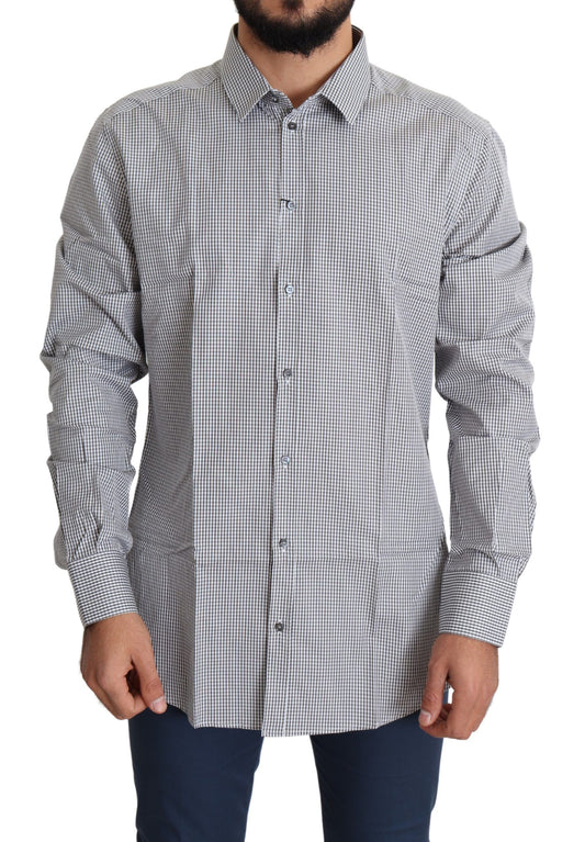 Long sleeve button down shirt in gray and white checkered pattern