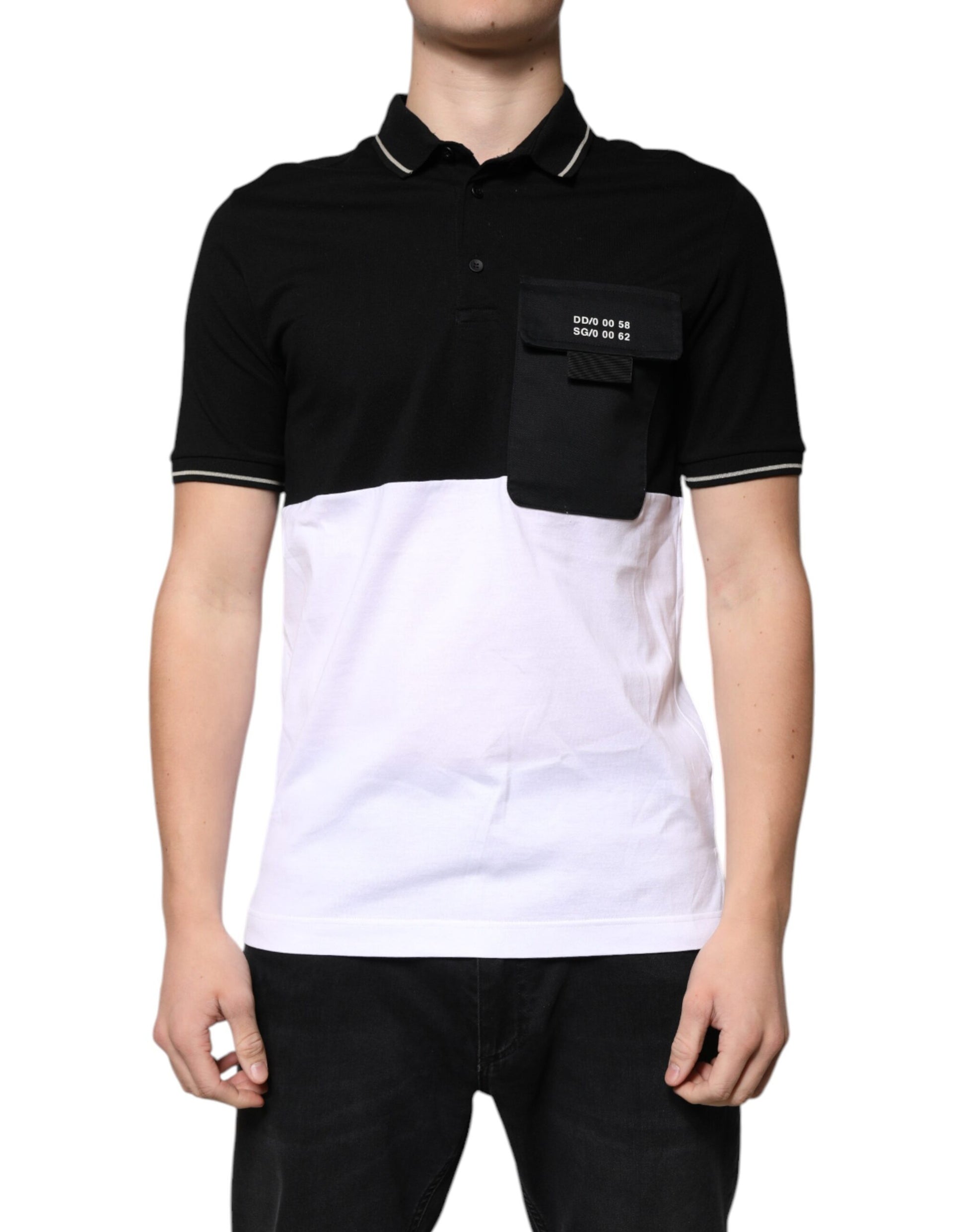 Black and white polo shirt with pocket on left chest