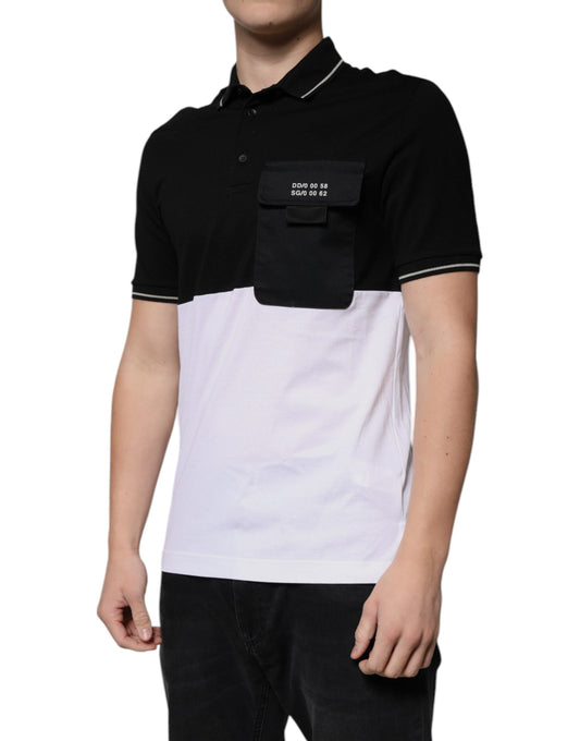 Black and white polo shirt with pocket on left chest