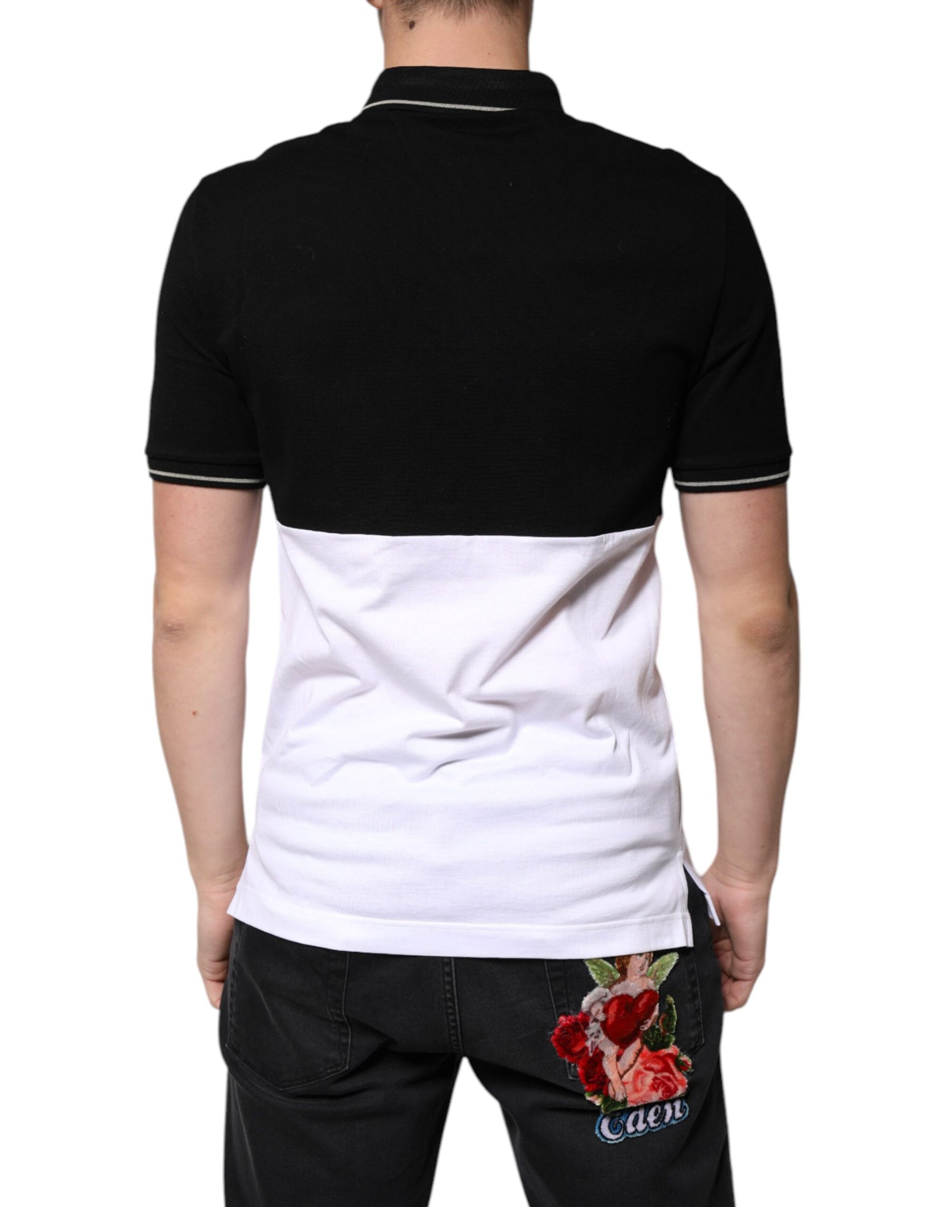 Black polo shirt with white stripes on sleeves and collar