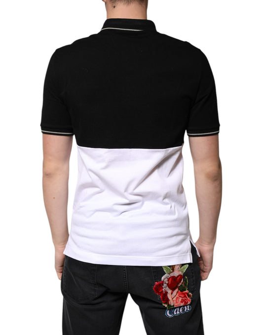 Black polo shirt with white stripes on sleeves and collar