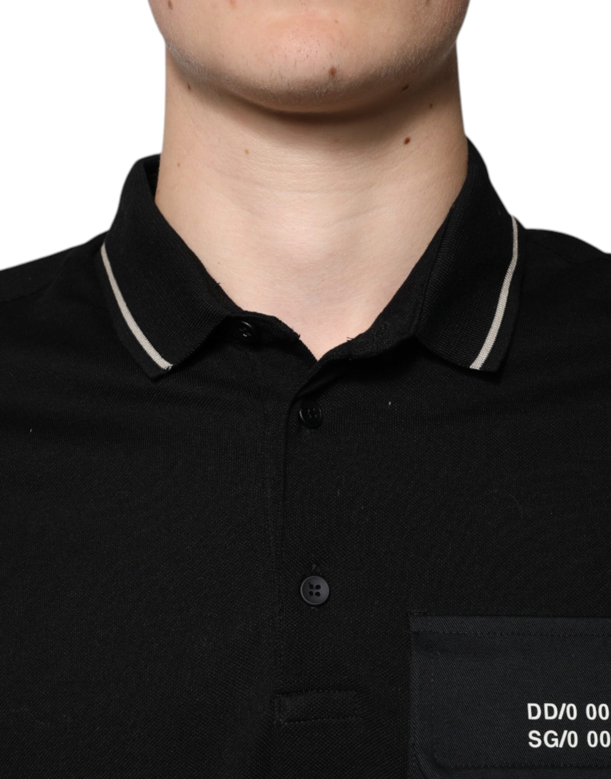 Black polo shirt with white stripes on collar and sleeves
