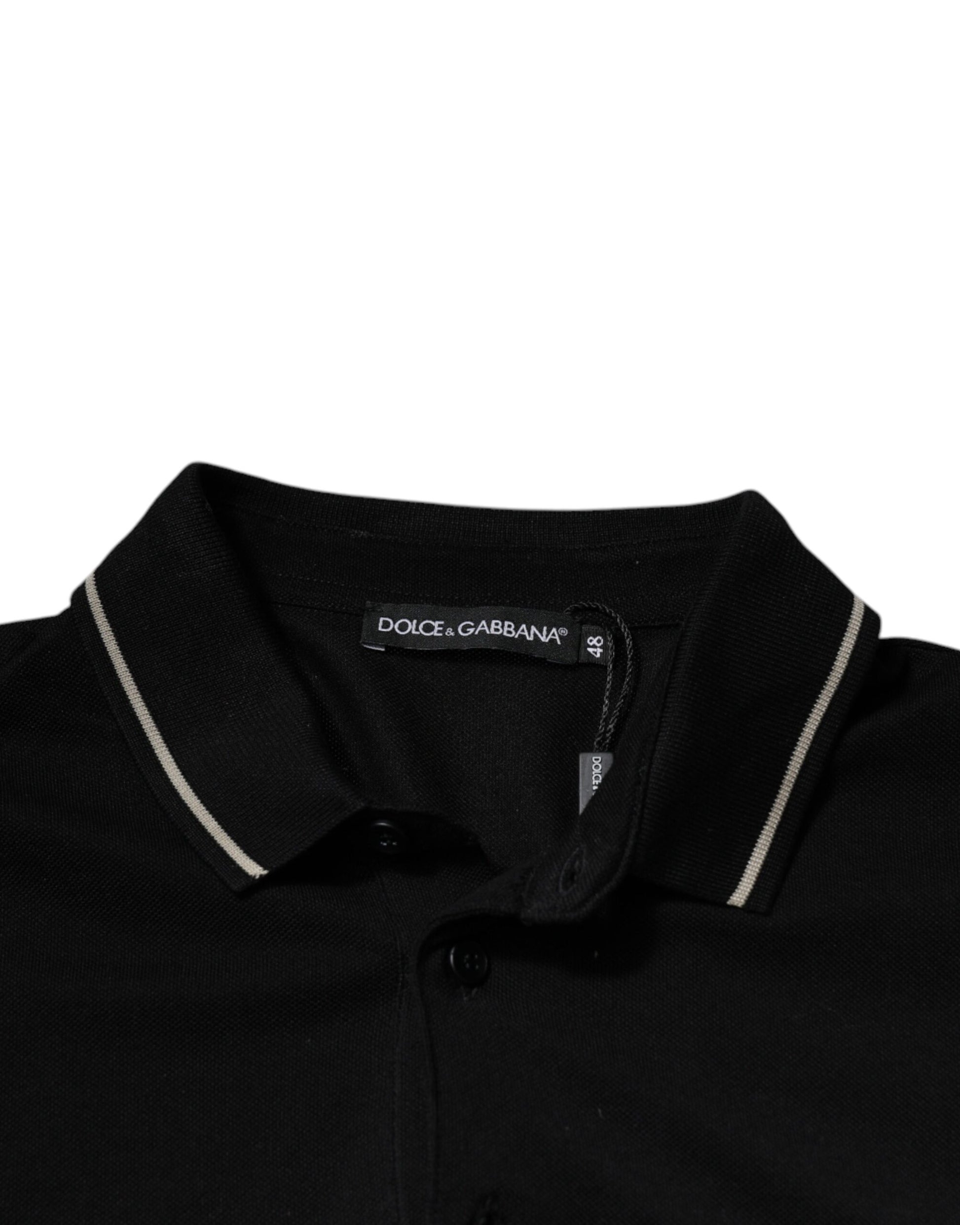 Black polo shirt with white stripe on collar