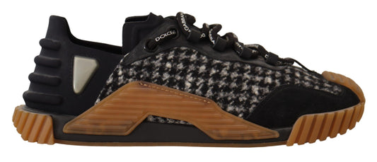 Pair of children's sneakers with a patterned upper and orange accents