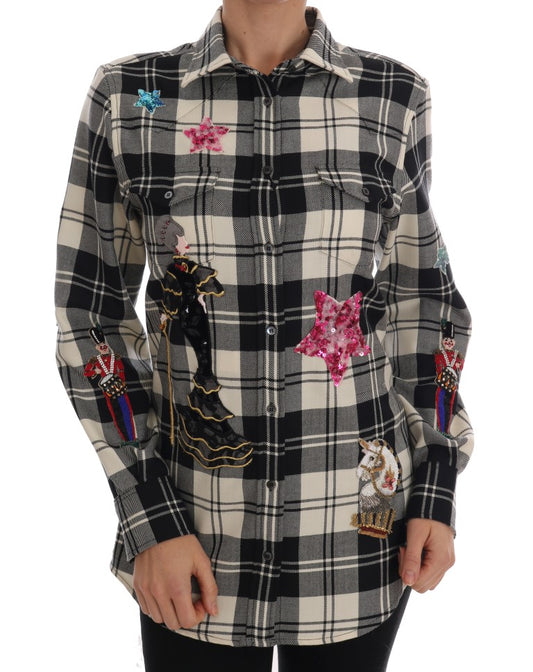 Plaid shirt with embroidered designs on front