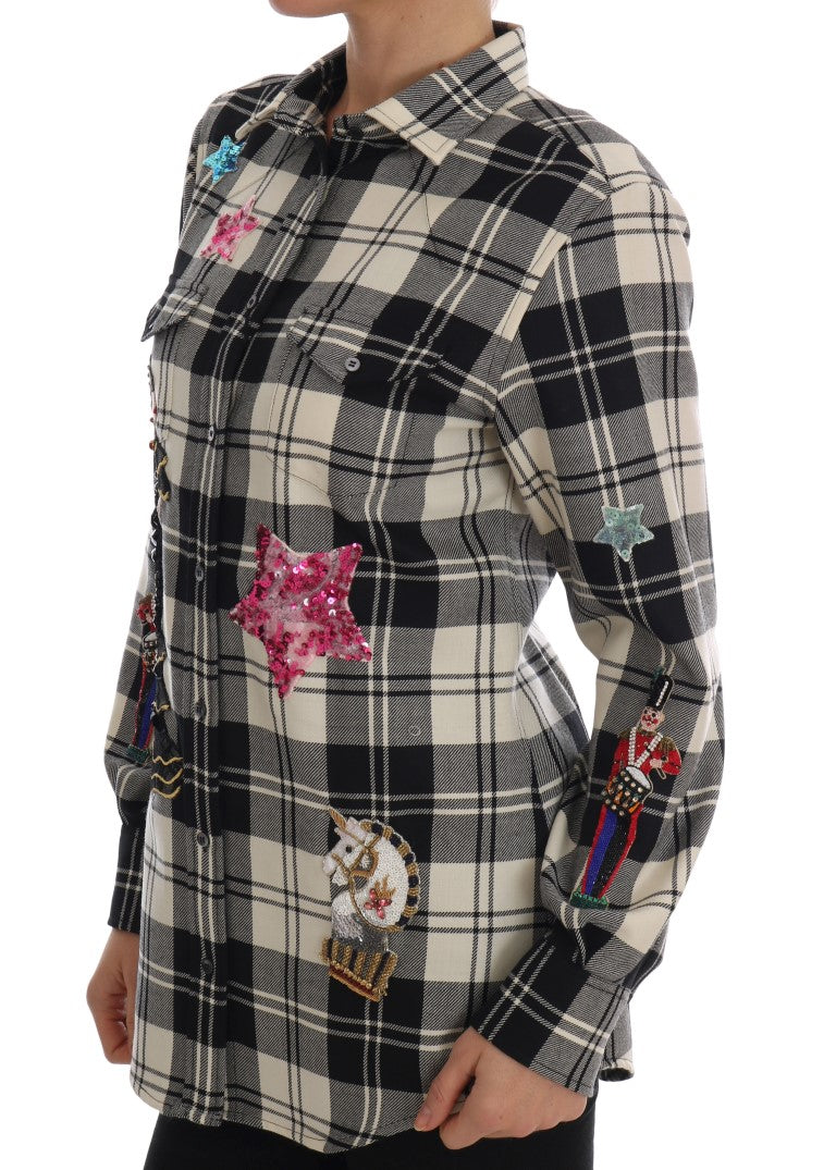 Plaid shirt with embroidered stars and pink flowers