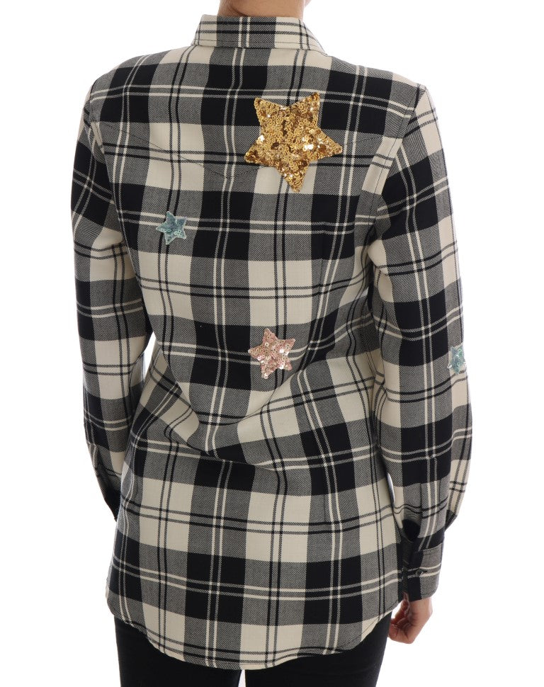 Black and white plaid jacket with gold stars on back