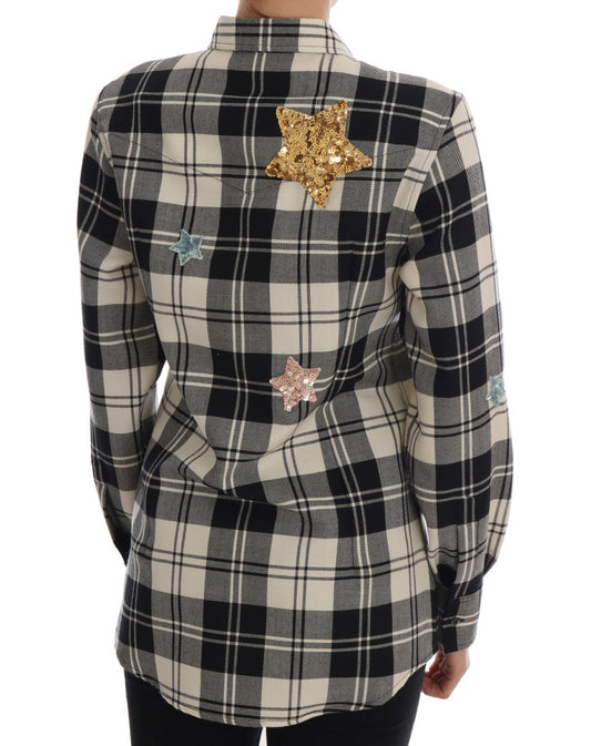 Black and white plaid jacket with gold stars on back
