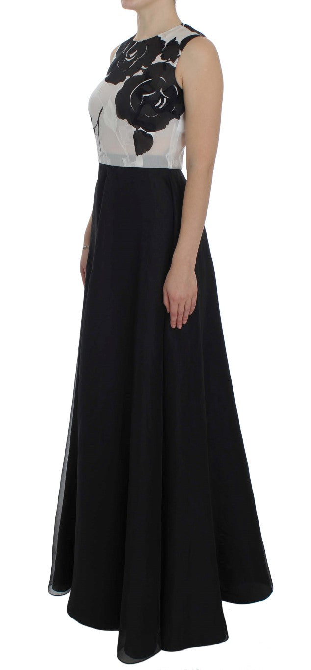 Long black formal dress with embellishments on bodice