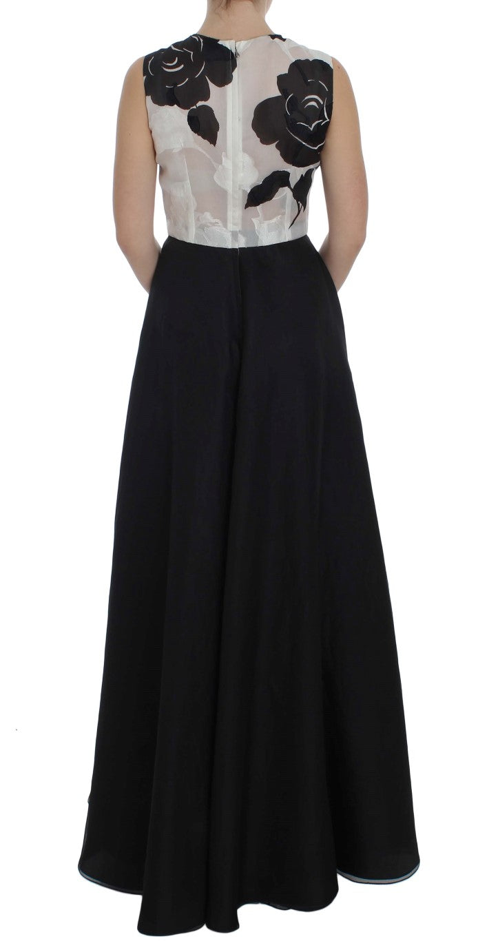 Long black dress with floral pattern on bodice