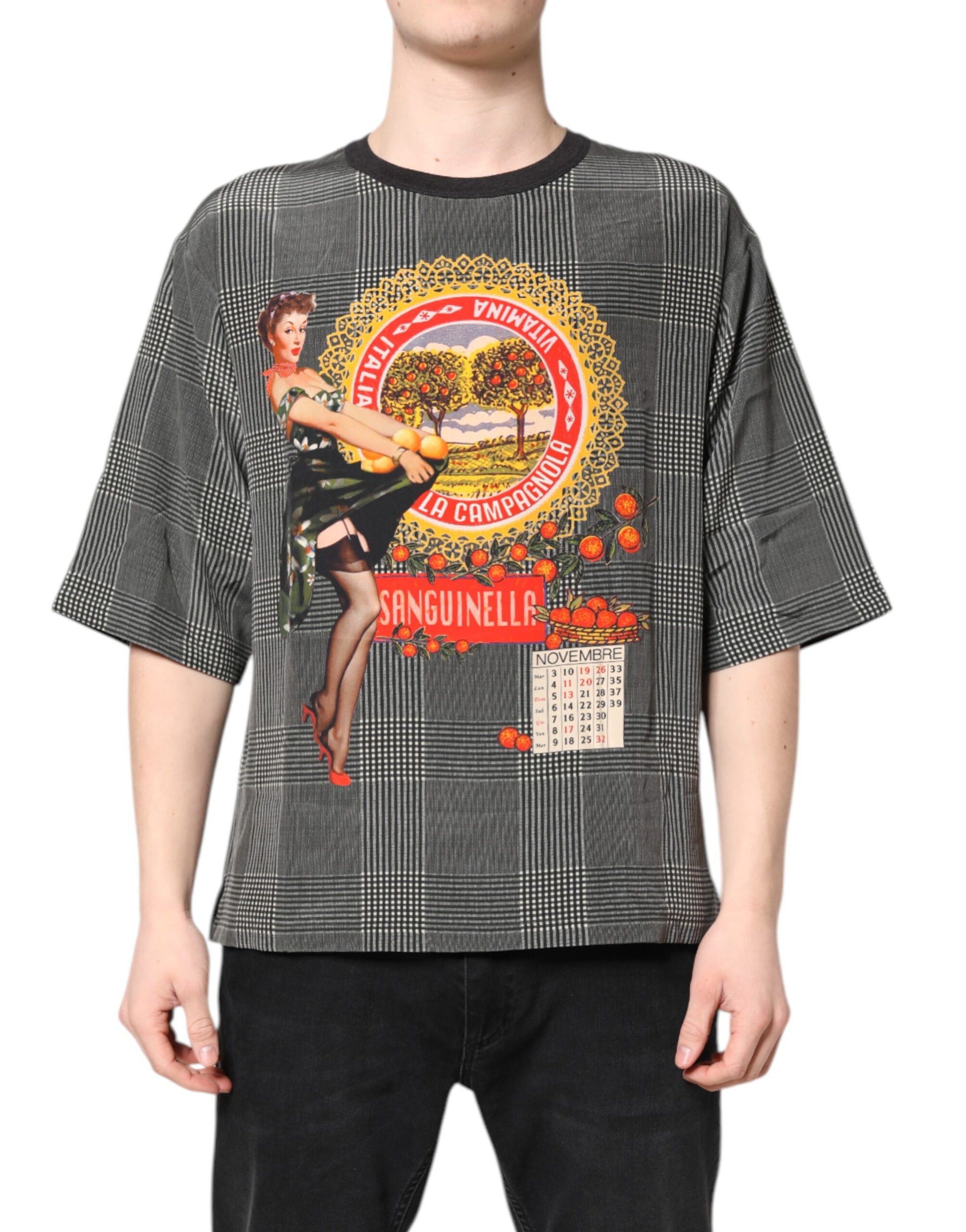 The shirt features a graphic design of a woman in a red dress holding a glass of wine