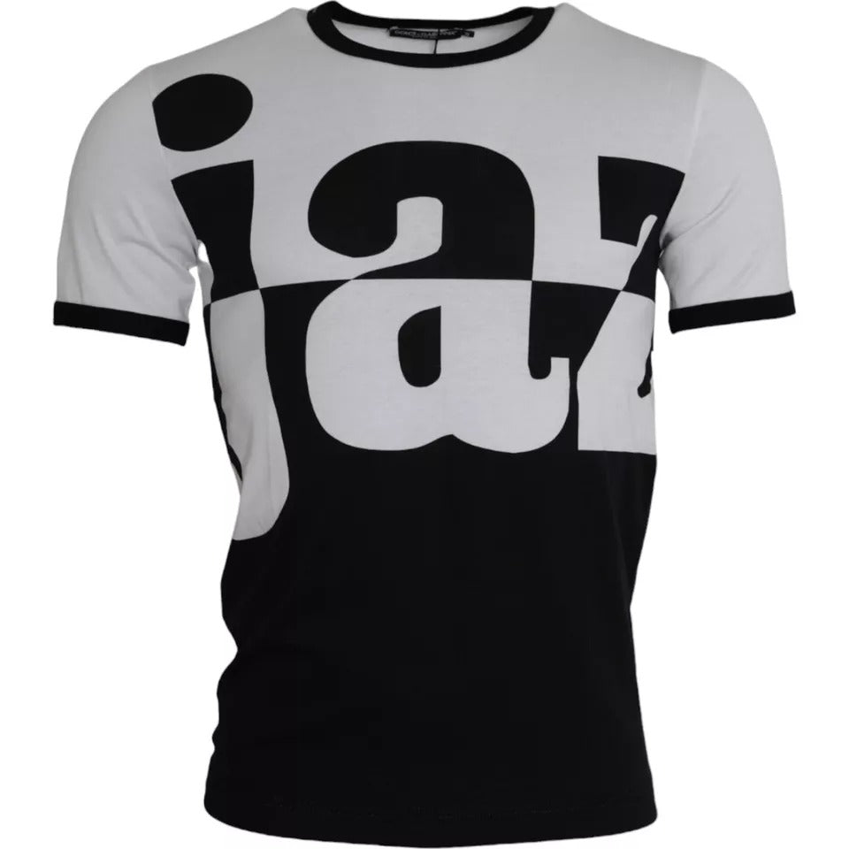 Black and white short sleeve shirt with large letters on front
