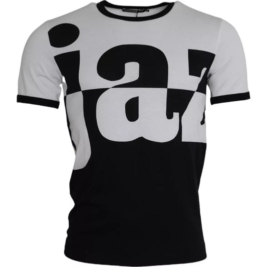 Black and white short sleeve shirt with large letters on front