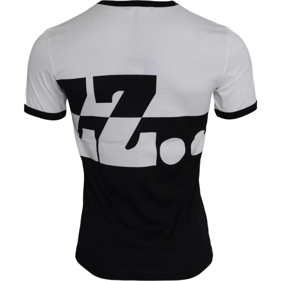 Black and white short sleeved shirt with logo on back