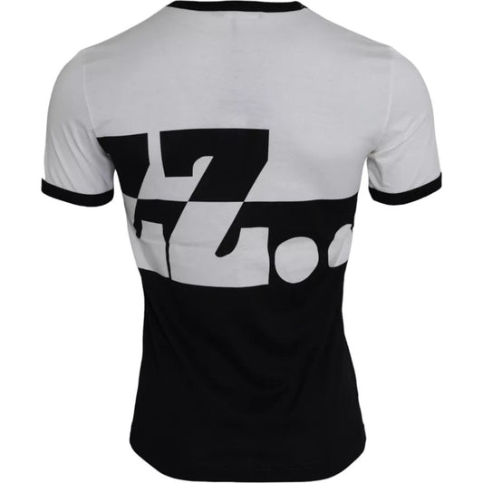 Black and white short sleeved shirt with logo on back