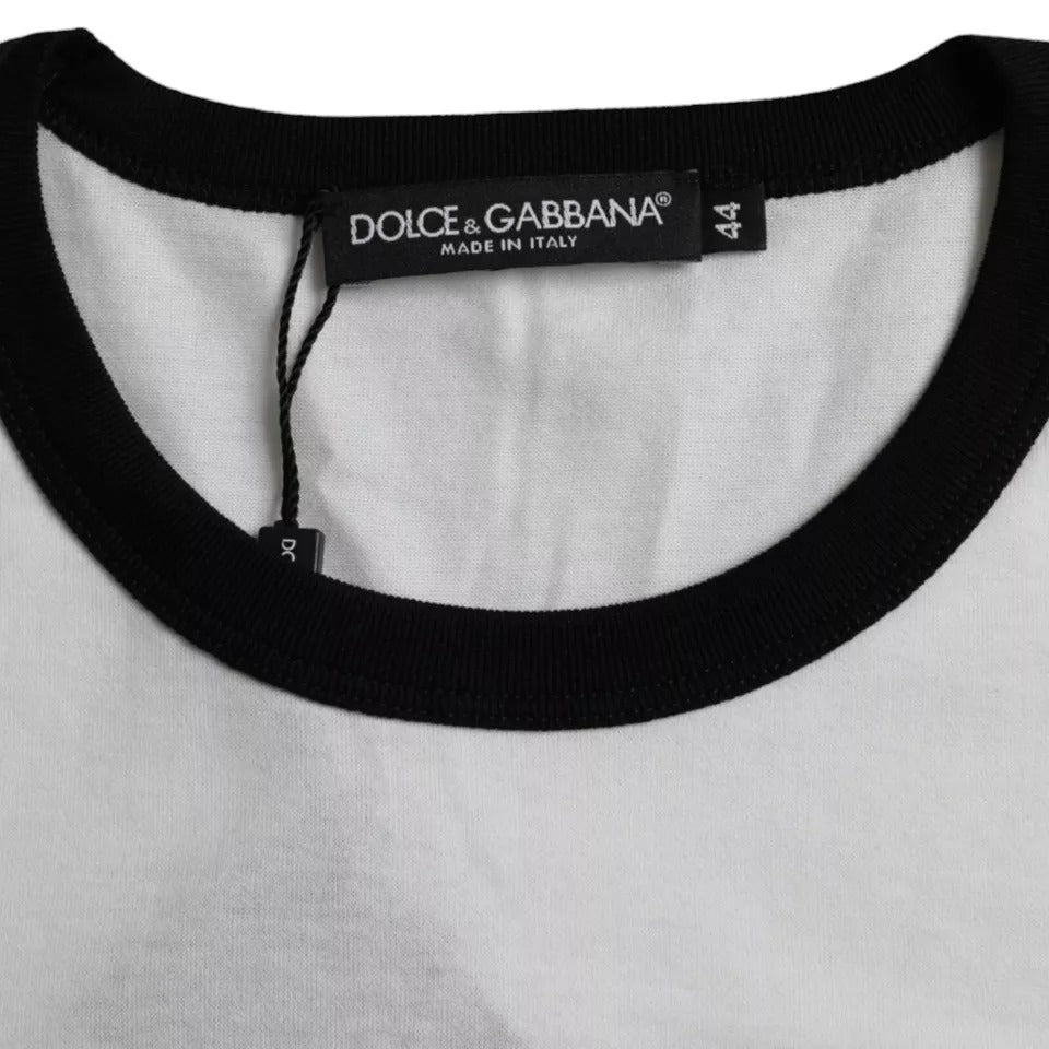 White t-shirt with black collar and tag