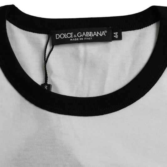 White t-shirt with black collar and tag