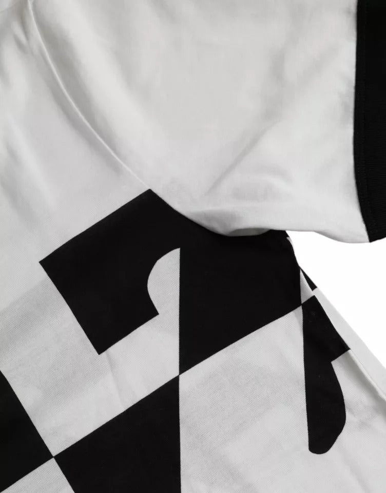 White t-shirt with black checkered pattern on front