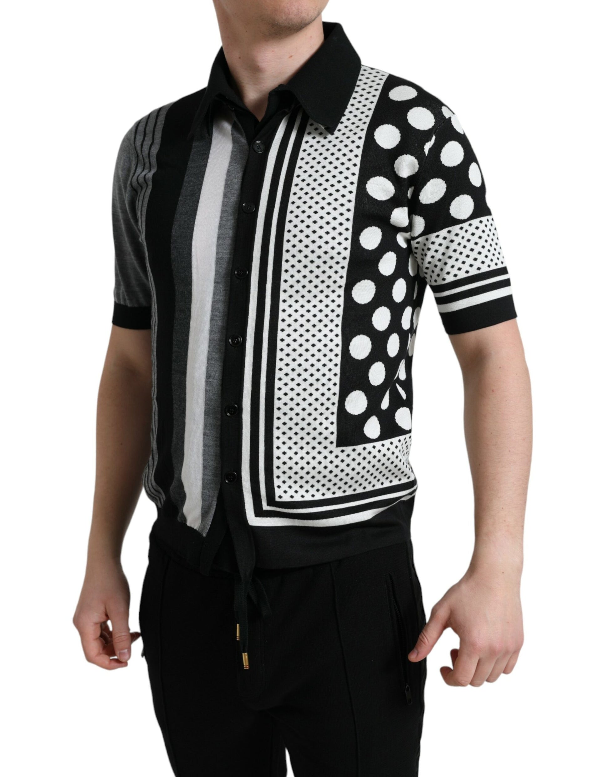 Man wearing a colorful polka dot shirt