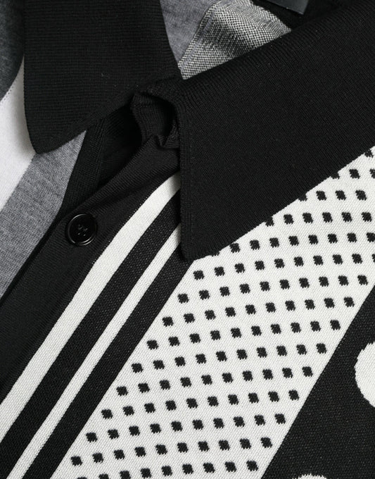 Black polo shirt with white stripes and patterned sleeves