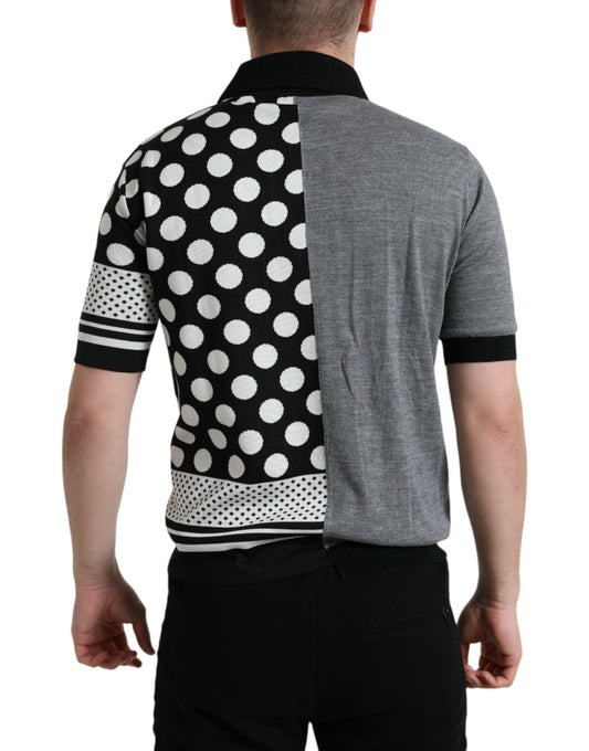 Man wearing polka dot shirt on one side and plain gray shirt on other side