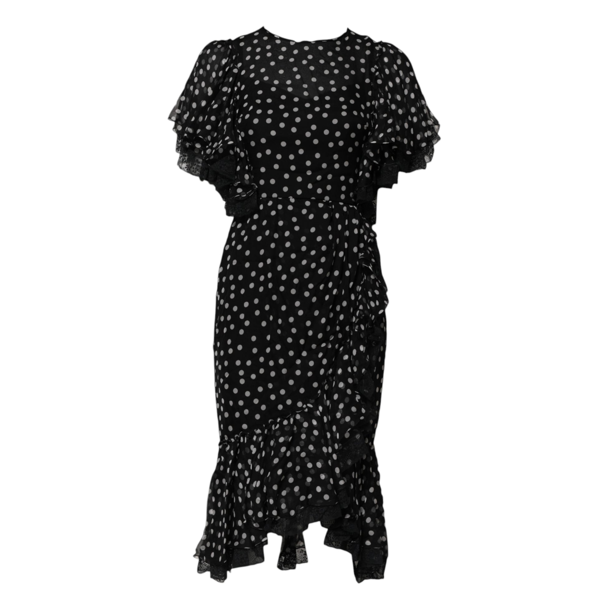 A black chiffon dress with white polka dots and lace detailing