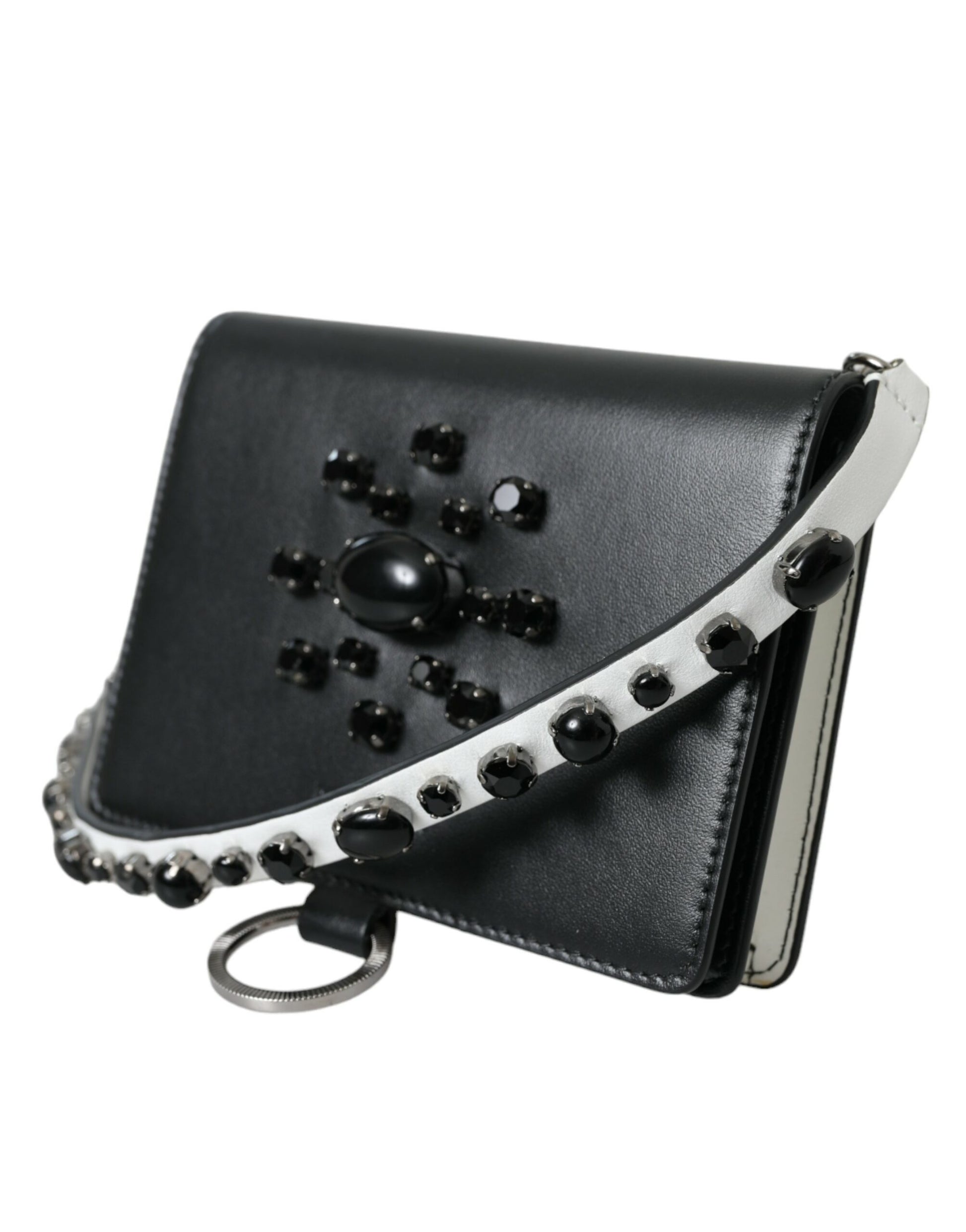 Black leather purse with silver zipper and embellishments