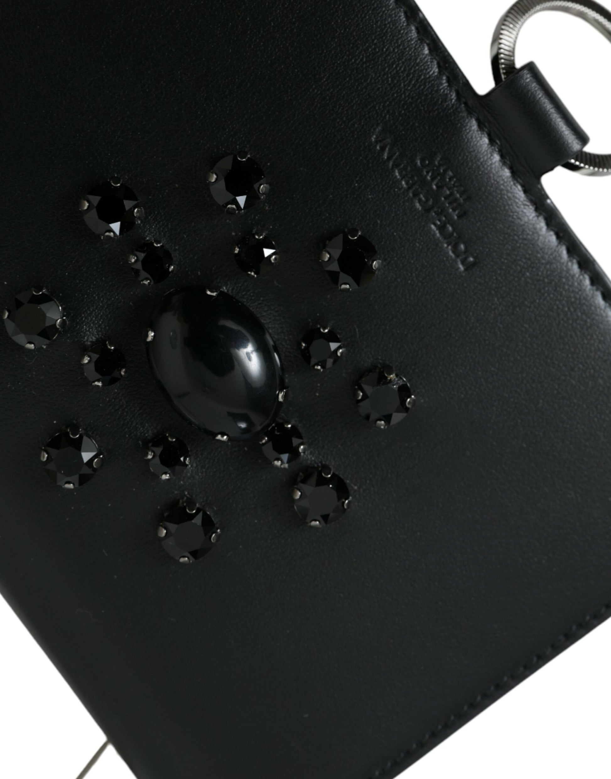 Black leather wallet with crystal embellishments