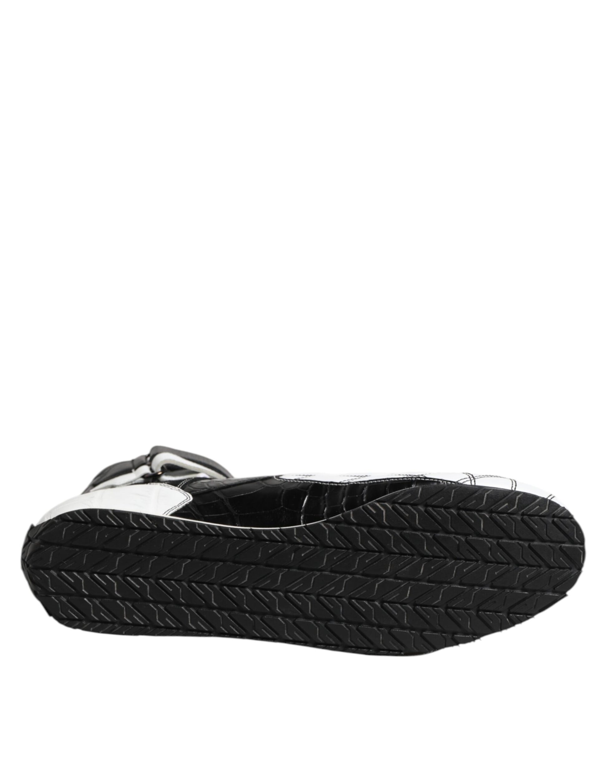 Black and white shoe with a treaded sole