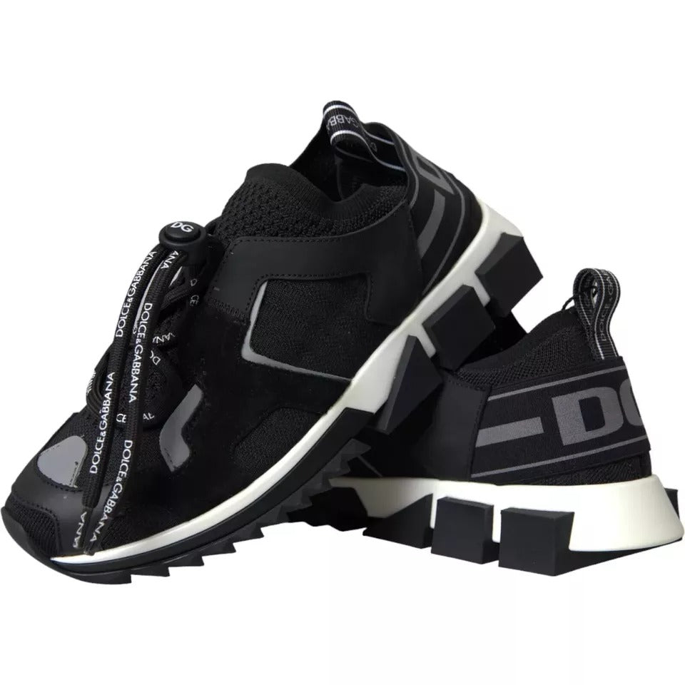 A pair of black and white sneakers with a logo on the side, designed by Dolce & Gabbana