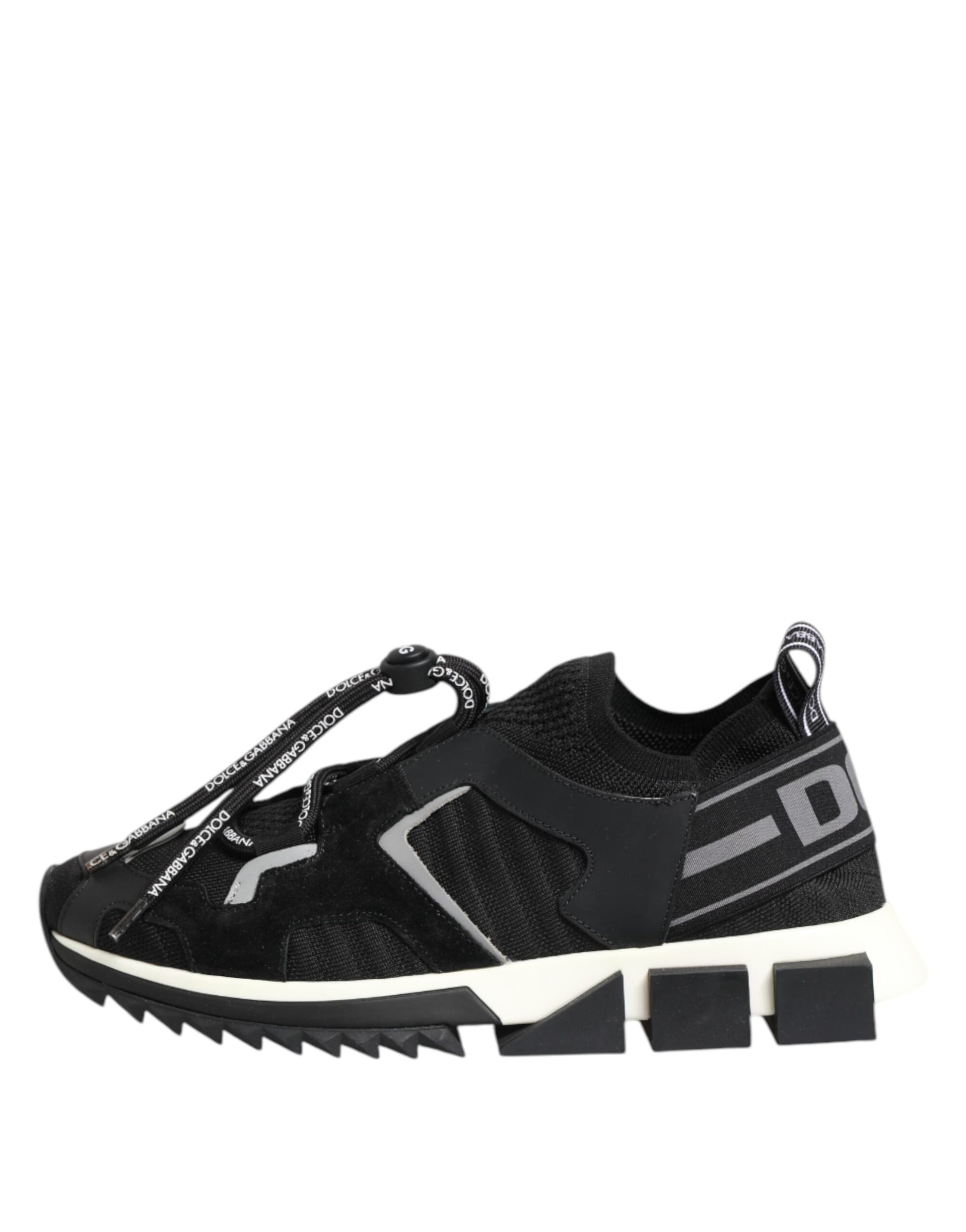 Black athletic shoe with white sole