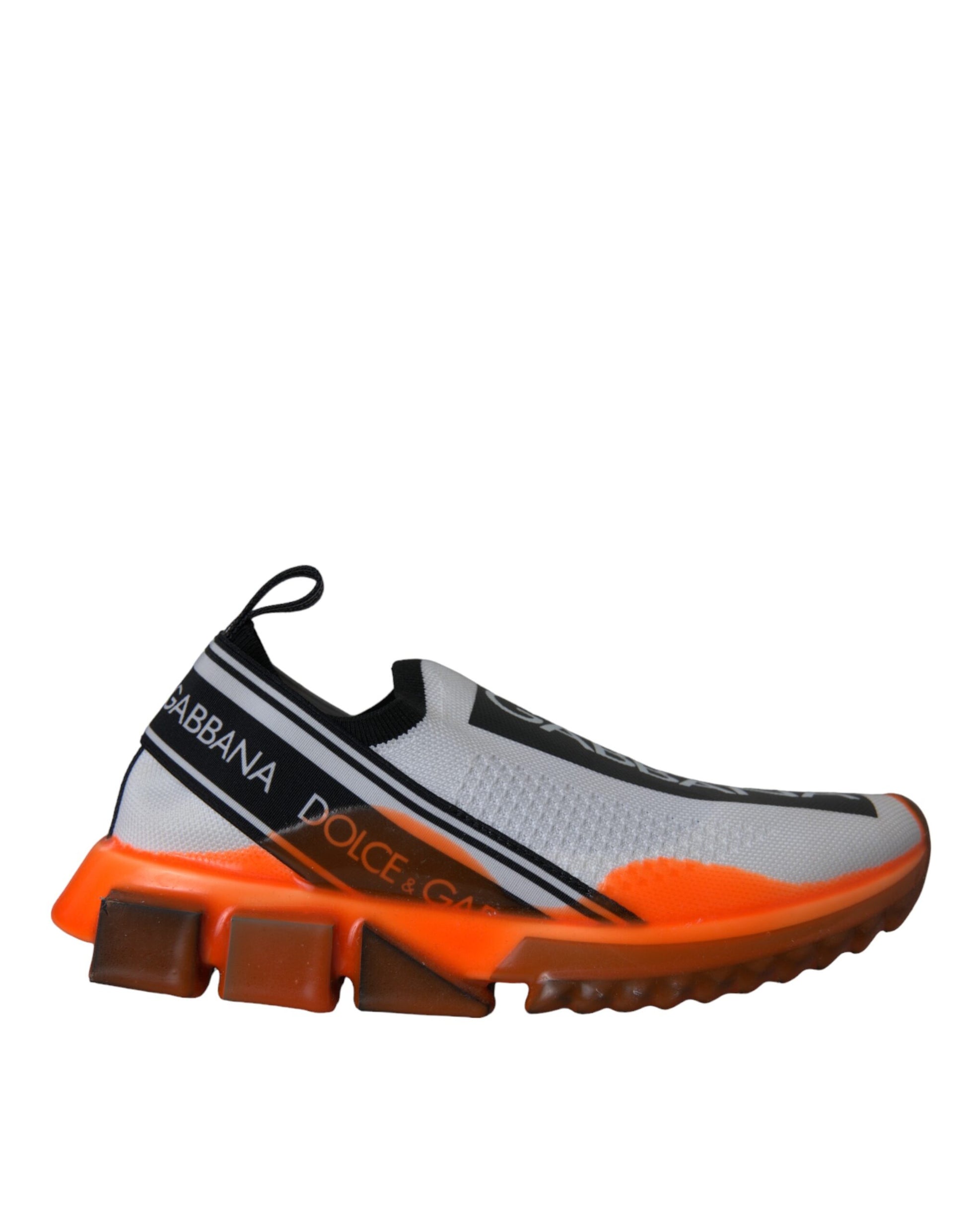 Orange and white sneaker with black laces